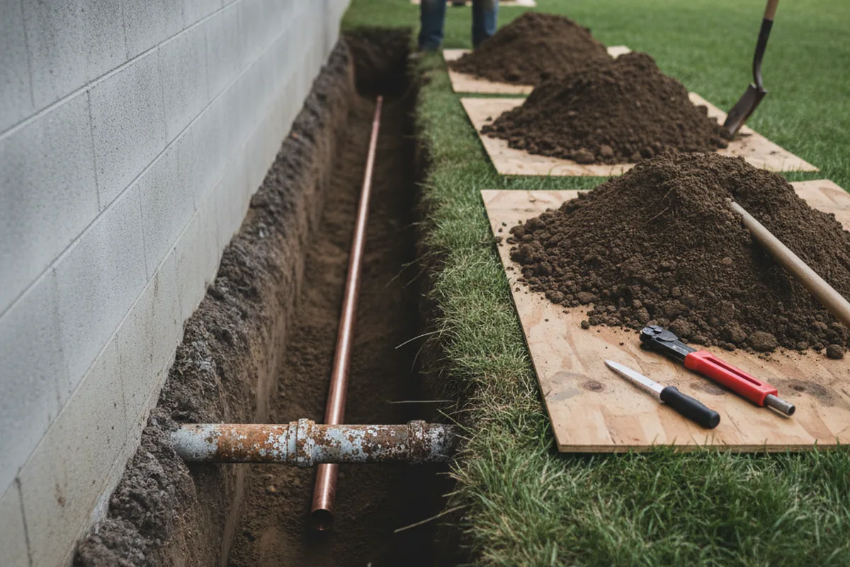 Excavated water line trench during Sewer Line Repair in Hallie